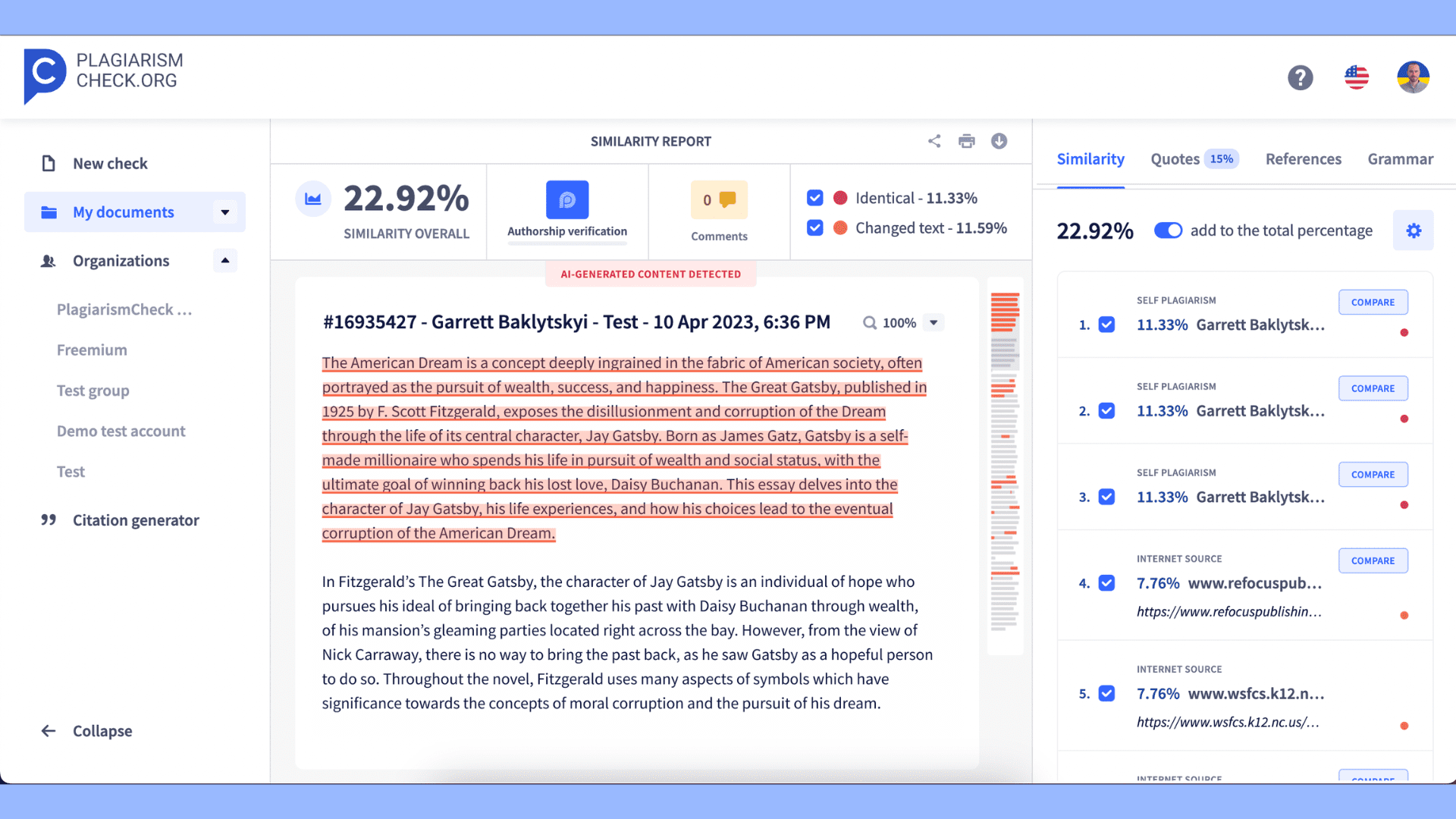 AI Detector and ChatGPT Checker: overall AI feedback in a similarity report