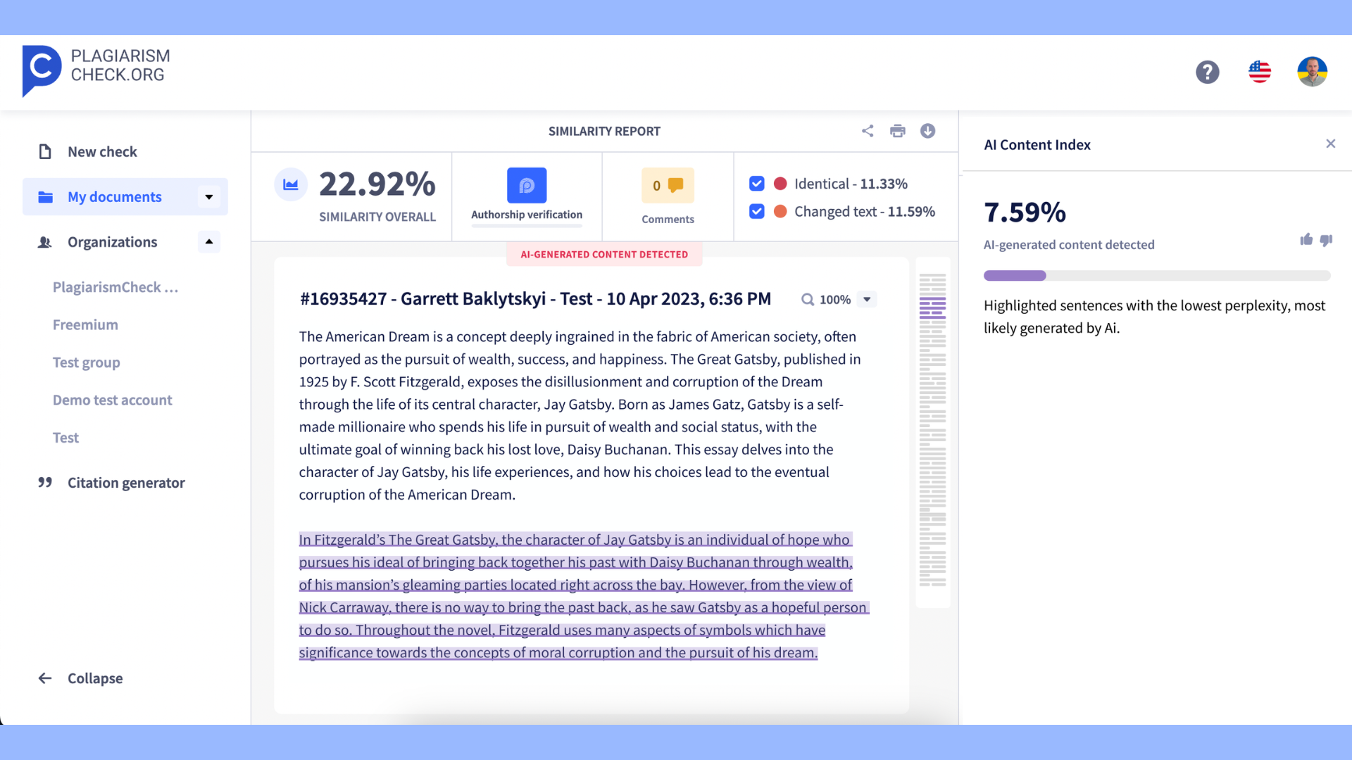 PlagiarismCheck.org: The user-friendly interface of the account for Teachers and Professors provides advanced possibilities for checking content for signs of AI.